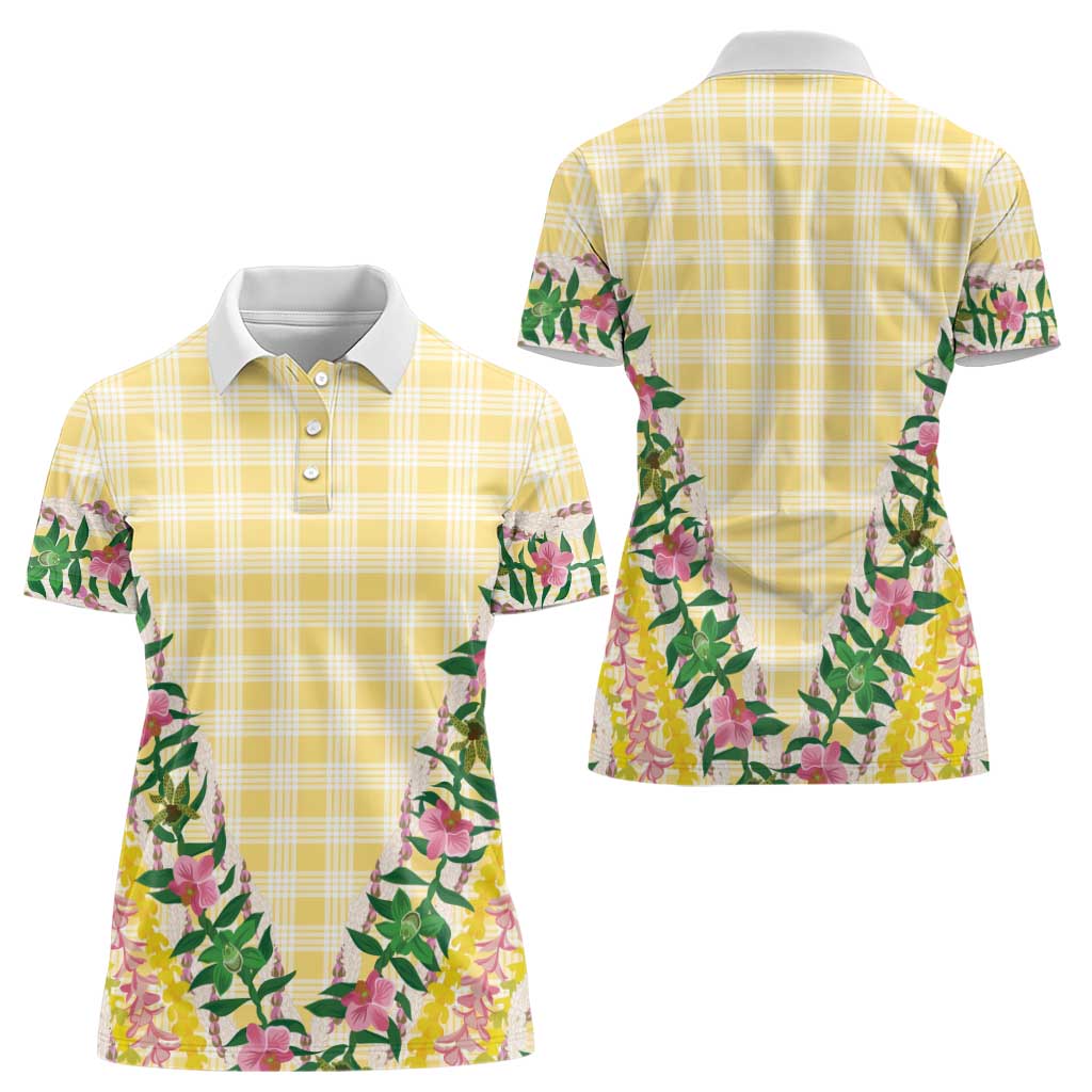 Hawaii Pikake Lokelani Plumeria Lei Women Polo Shirt Yellow Palaka Motifs LT05 - Polynesian Pride