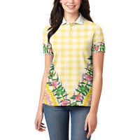 Hawaii Pikake Lokelani Plumeria Lei Women Polo Shirt Yellow Palaka Motifs LT05 - Polynesian Pride