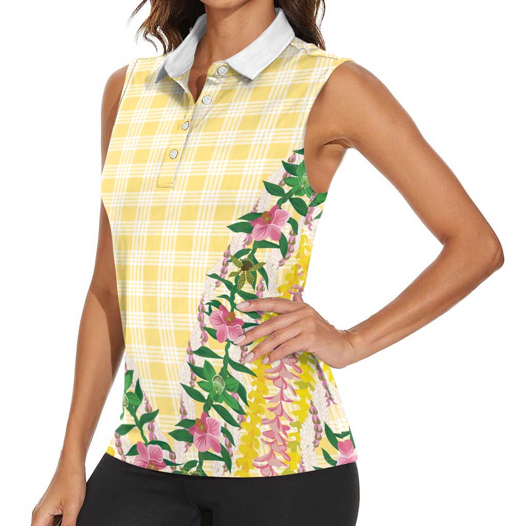 Hawaii Pikake Lokelani Plumeria Lei Women Sleeveless Polo Shirt Yellow Palaka Motifs