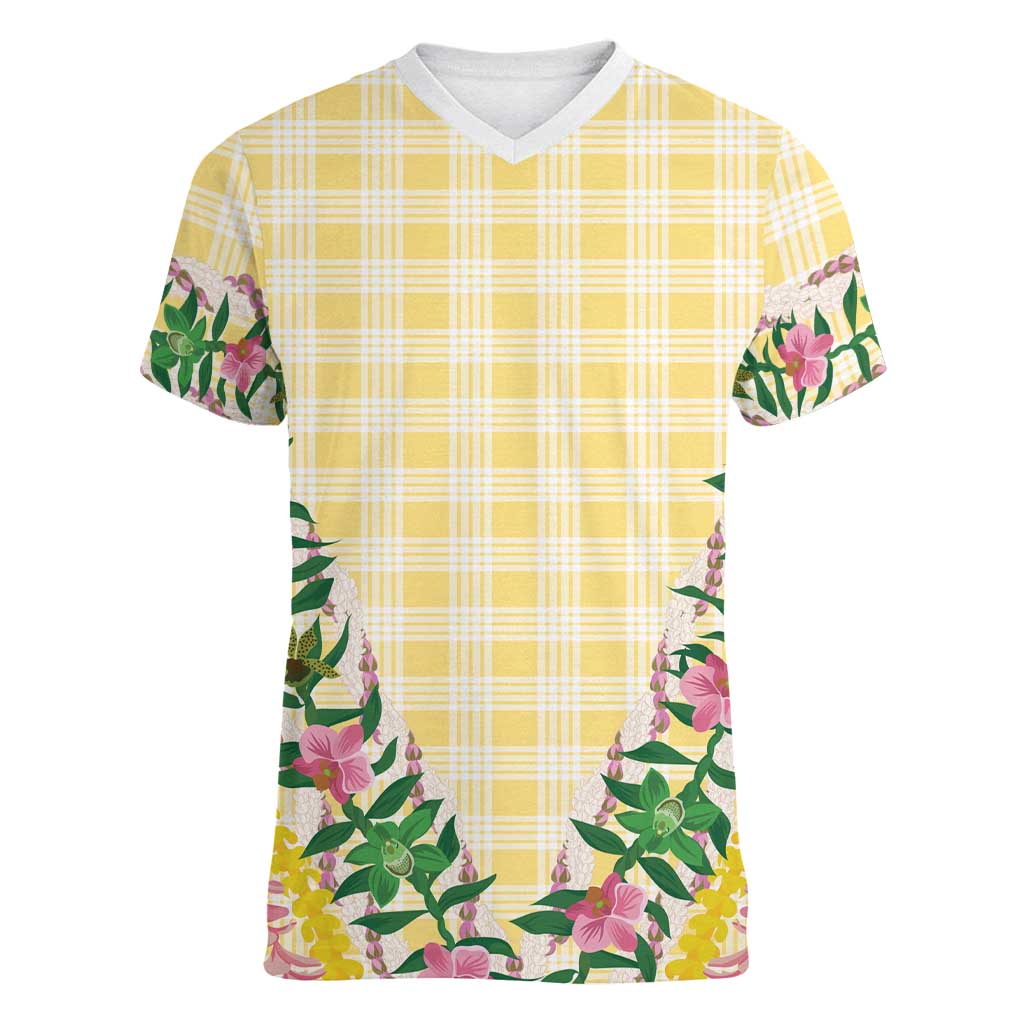 Hawaii Pikake Lokelani Plumeria Lei Women V-Neck T-Shirt Yellow Palaka Motifs LT05 Female Yellow - Polynesian Pride