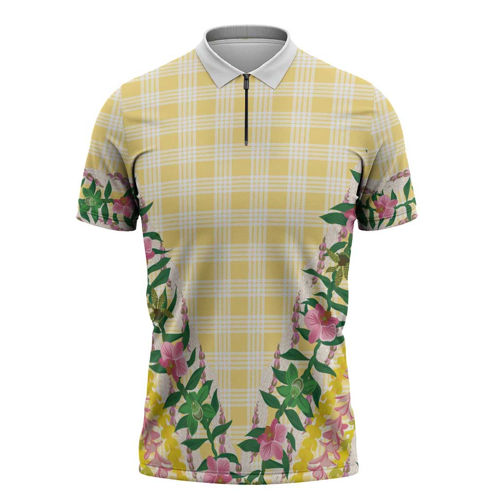 Hawaii Pikake Lokelani Plumeria Lei Zipper Polo Shirt Yellow Palaka Motifs LT05 Yellow - Polynesian Pride