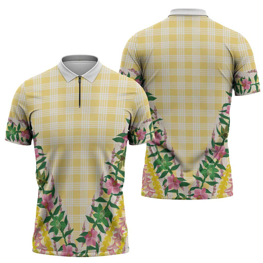 Hawaii Pikake Lokelani Plumeria Lei Zipper Polo Shirt Yellow Palaka Motifs LT05 - Polynesian Pride
