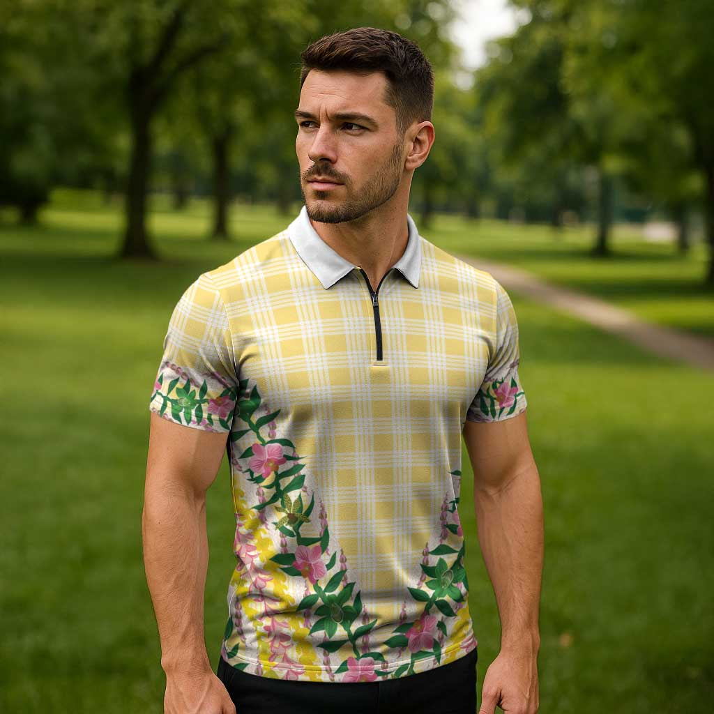 Hawaii Pikake Lokelani Plumeria Lei Zipper Polo Shirt Yellow Palaka Motifs LT05 - Polynesian Pride