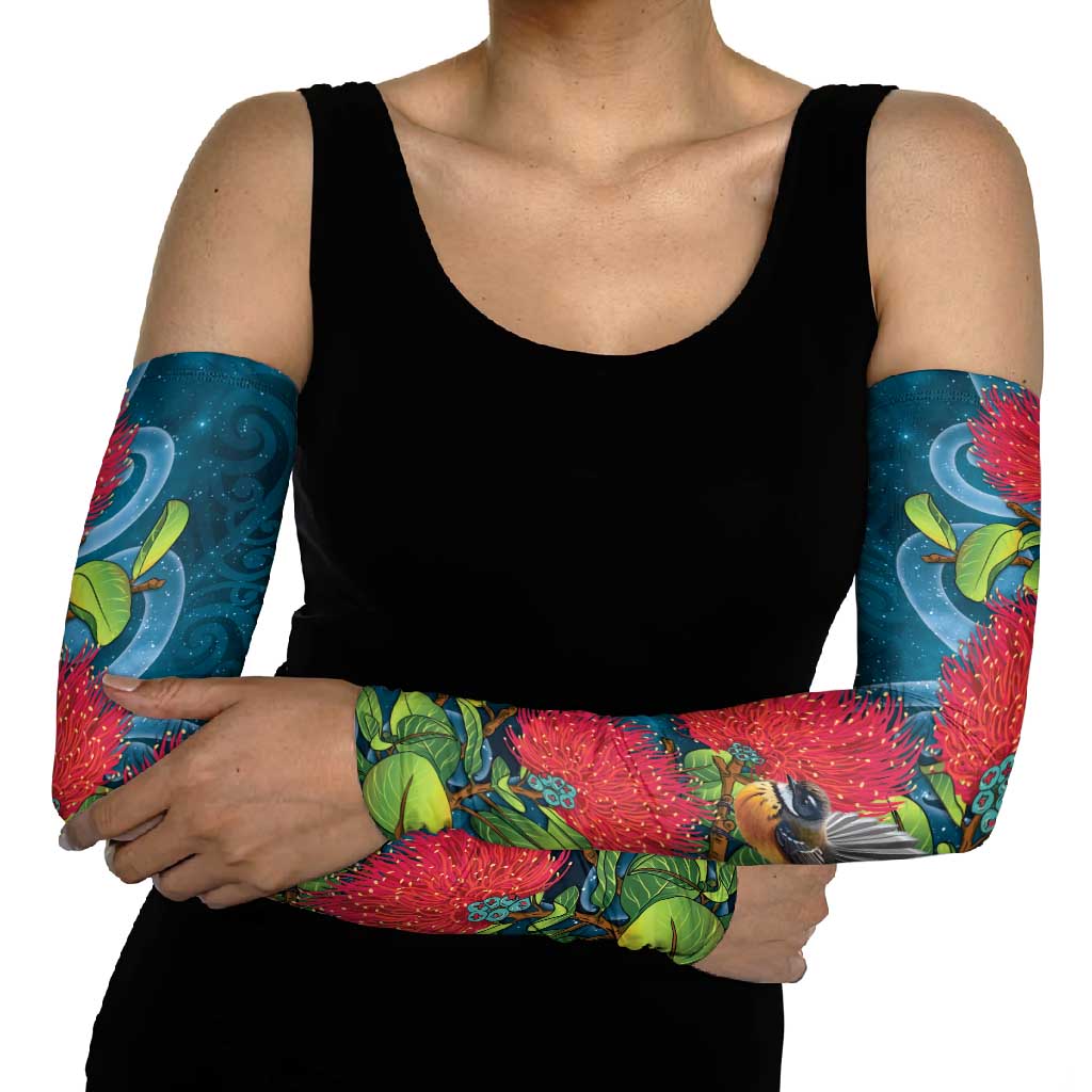 New Zealand Matariki Piwakawaka Arm Sleeves Maori Koru With Pohutukawa Flowers LT05 - Polynesian Pride