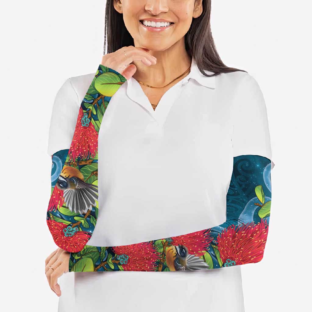 New Zealand Matariki Piwakawaka Arm Sleeves Maori Koru With Pohutukawa Flowers LT05 - Polynesian Pride
