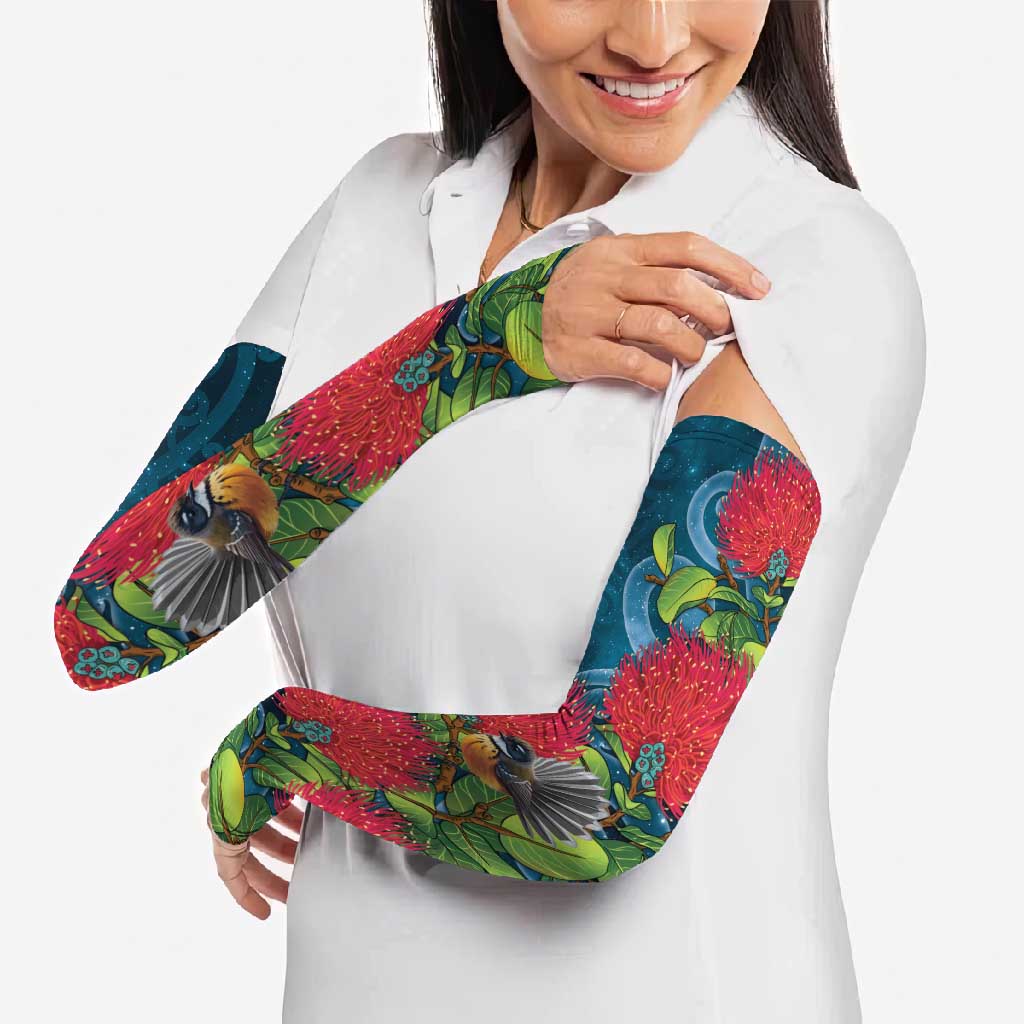 New Zealand Matariki Piwakawaka Arm Sleeves Maori Koru With Pohutukawa Flowers LT05 - Polynesian Pride