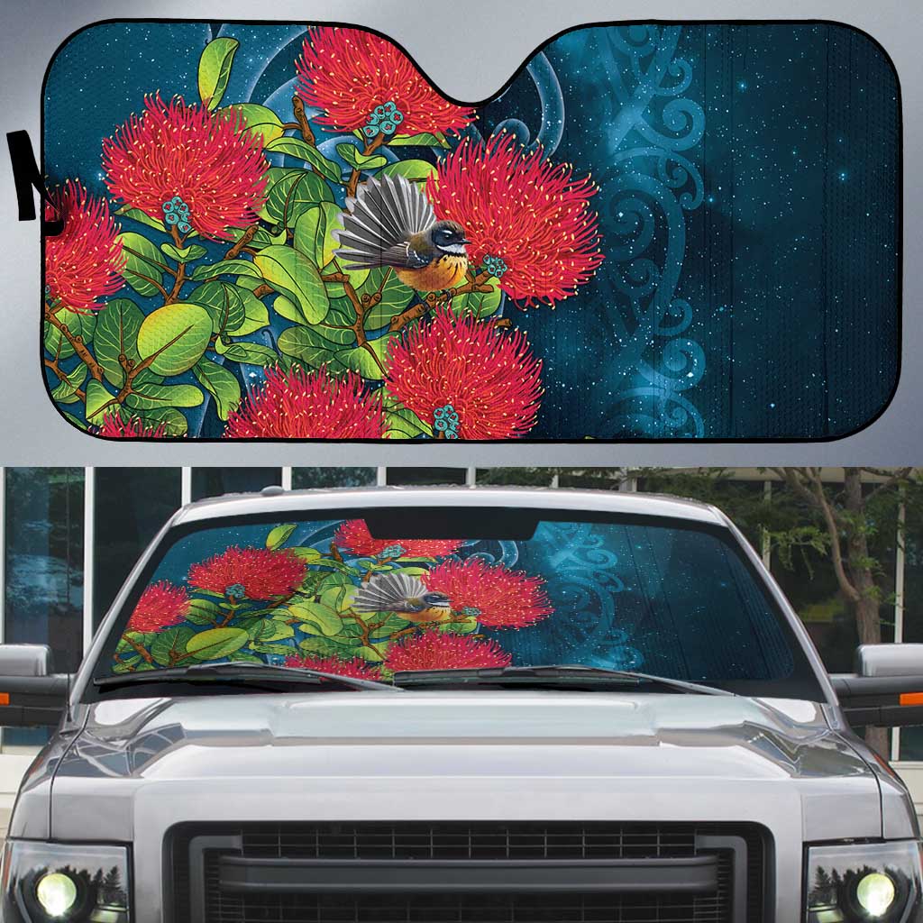 New Zealand Matariki Piwakawaka Auto Sun Shade Maori Koru With Pohutukawa Flowers
