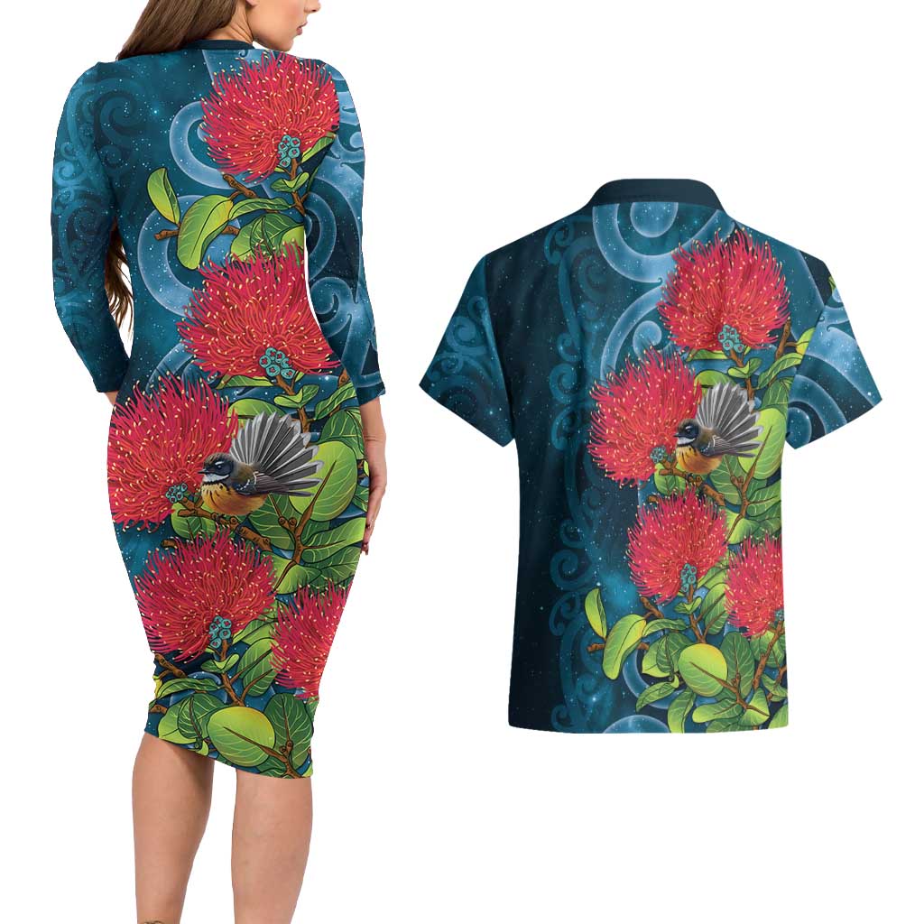 New Zealand Matariki Piwakawaka Couples Matching Long Sleeve Bodycon Dress and Hawaiian Shirt Maori Koru With Pohutukawa Flowers LT05 - Polynesian Pride