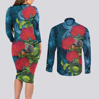 New Zealand Matariki Piwakawaka Couples Matching Long Sleeve Bodycon Dress and Long Sleeve Button Shirt Maori Koru With Pohutukawa Flowers LT05 - Polynesian Pride