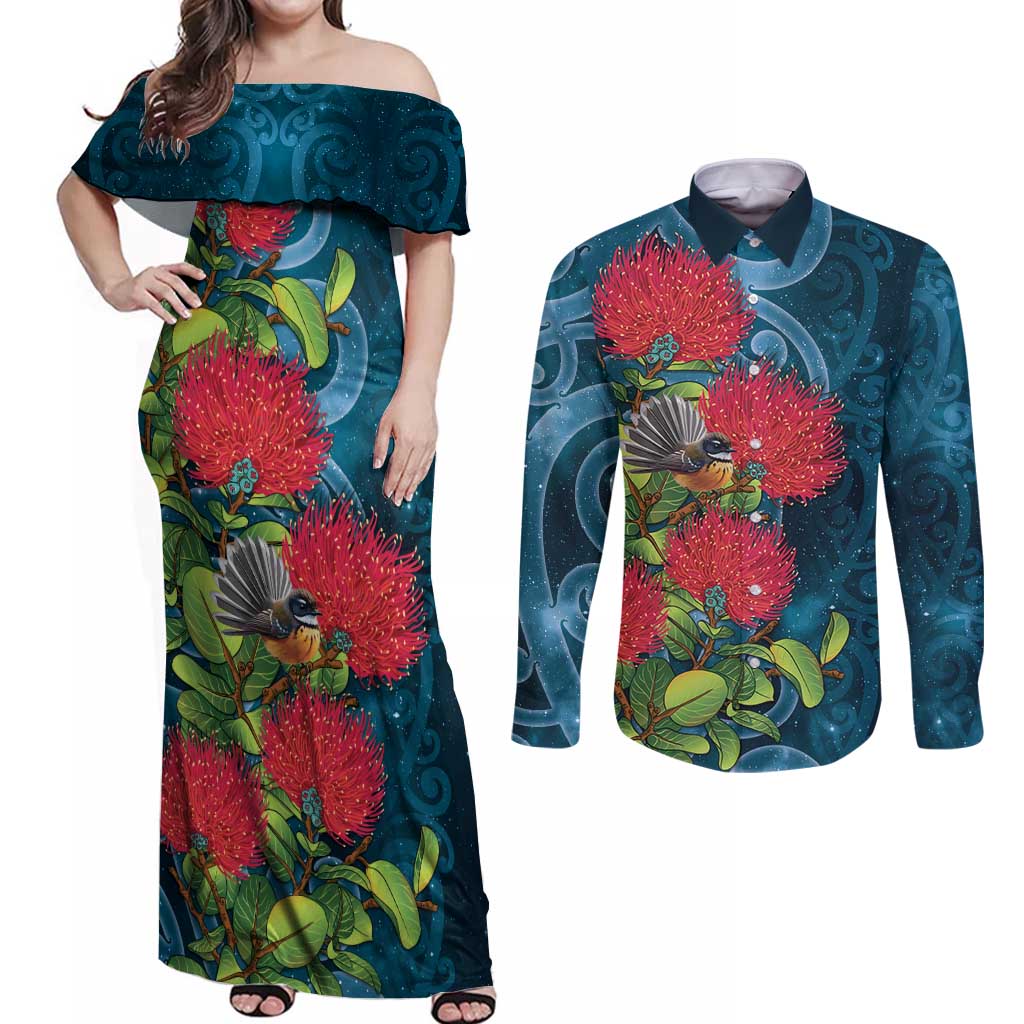 New Zealand Matariki Piwakawaka Couples Matching Off Shoulder Maxi Dress and Long Sleeve Button Shirt Maori Koru With Pohutukawa Flowers LT05 Dark Teal - Polynesian Pride