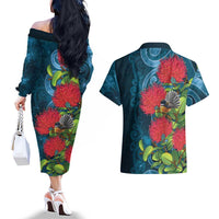 New Zealand Matariki Piwakawaka Couples Matching Off The Shoulder Long Sleeve Dress and Hawaiian Shirt Maori Koru With Pohutukawa Flowers LT05 - Polynesian Pride