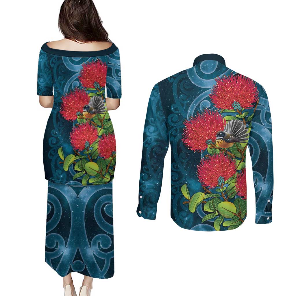 New Zealand Matariki Piwakawaka Couples Matching Puletasi and Long Sleeve Button Shirt Maori Koru With Pohutukawa Flowers LT05 - Polynesian Pride