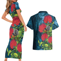 New Zealand Matariki Piwakawaka Couples Matching Short Sleeve Bodycon Dress and Hawaiian Shirt Maori Koru With Pohutukawa Flowers LT05 - Polynesian Pride
