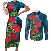 New Zealand Matariki Piwakawaka Couples Matching Short Sleeve Bodycon Dress and Long Sleeve Button Shirt Maori Koru With Pohutukawa Flowers LT05 Dark Teal - Polynesian Pride