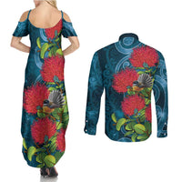 New Zealand Matariki Piwakawaka Couples Matching Summer Maxi Dress and Long Sleeve Button Shirt Maori Koru With Pohutukawa Flowers LT05 - Polynesian Pride