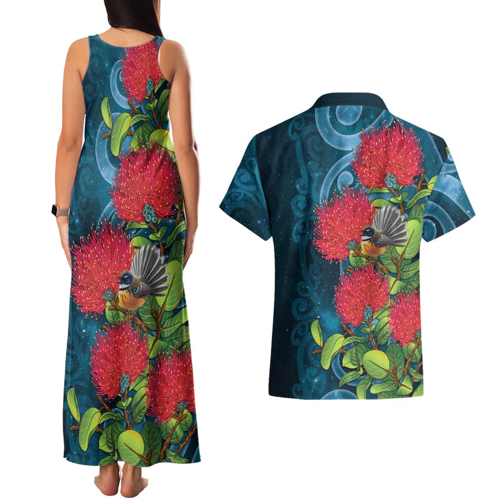 New Zealand Matariki Piwakawaka Couples Matching Tank Maxi Dress and Hawaiian Shirt Maori Koru With Pohutukawa Flowers LT05 - Polynesian Pride