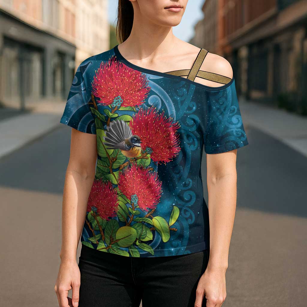 New Zealand Matariki Piwakawaka Cross Shoulder Shirt Maori Koru With Pohutukawa Flowers LT05 - Polynesian Pride