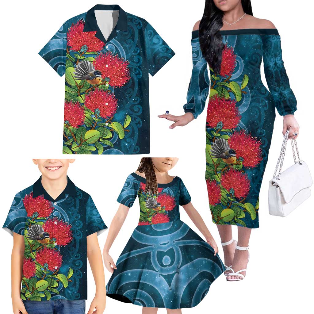 New Zealand Matariki Piwakawaka Family Matching Off The Shoulder Long Sleeve Dress and Hawaiian Shirt Maori Koru With Pohutukawa Flowers