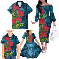 New Zealand Matariki Piwakawaka Family Matching Off The Shoulder Long Sleeve Dress and Hawaiian Shirt Maori Koru With Pohutukawa Flowers LT05 - Polynesian Pride