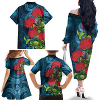 New Zealand Matariki Piwakawaka Family Matching Off The Shoulder Long Sleeve Dress and Hawaiian Shirt Maori Koru With Pohutukawa Flowers LT05 - Polynesian Pride