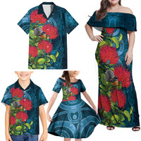 New Zealand Matariki Piwakawaka Family Matching Off Shoulder Maxi Dress and Hawaiian Shirt Maori Koru With Pohutukawa Flowers LT05 - Polynesian Pride