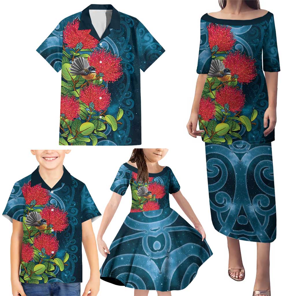 New Zealand Matariki Piwakawaka Family Matching Puletasi and Hawaiian Shirt Maori Koru With Pohutukawa Flowers LT05 - Polynesian Pride