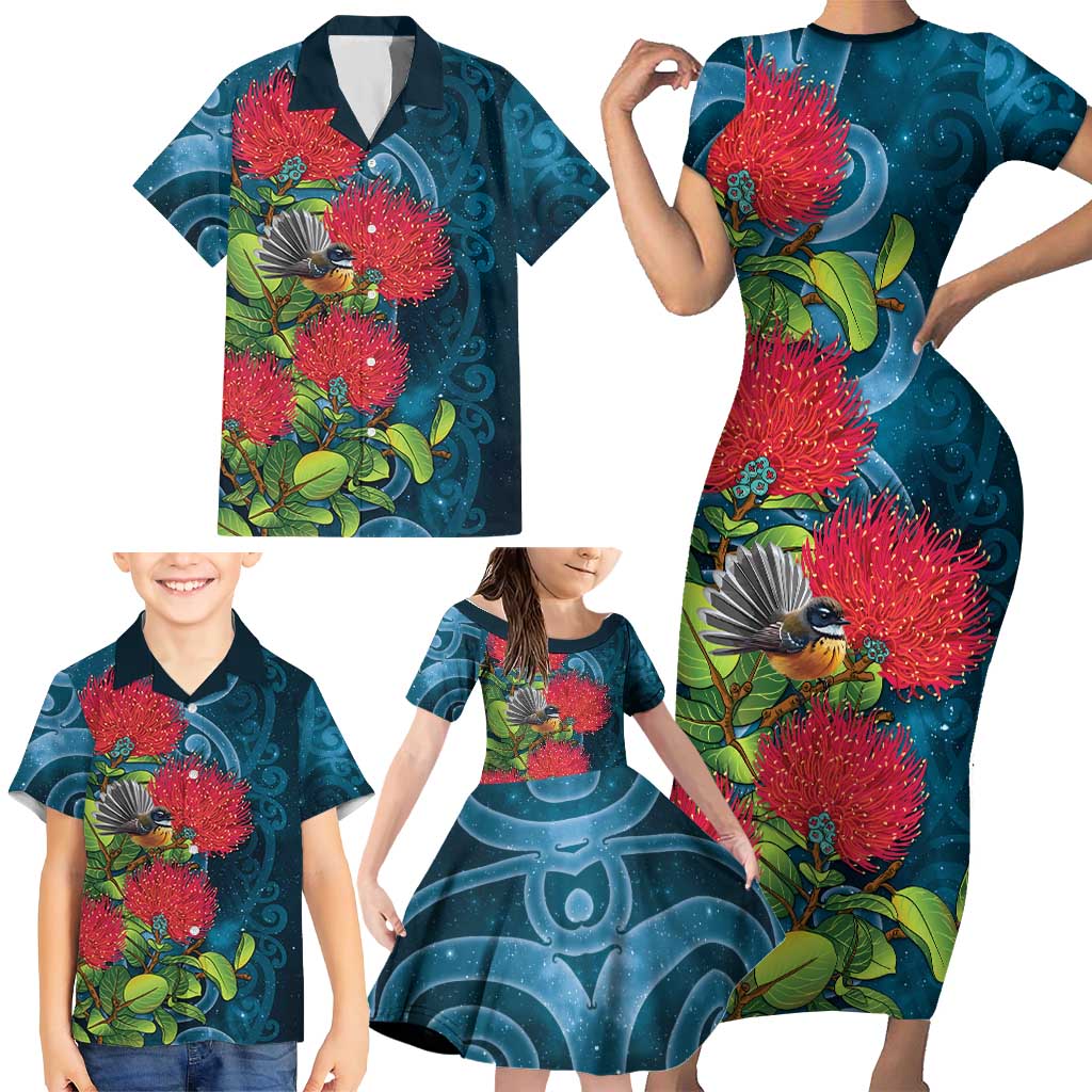 New Zealand Matariki Piwakawaka Family Matching Short Sleeve Bodycon Dress and Hawaiian Shirt Maori Koru With Pohutukawa Flowers LT05 - Polynesian Pride