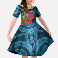 New Zealand Matariki Piwakawaka Family Matching Summer Maxi Dress and Hawaiian Shirt Maori Koru With Pohutukawa Flowers LT05 Daughter's Dress Dark Teal - Polynesian Pride