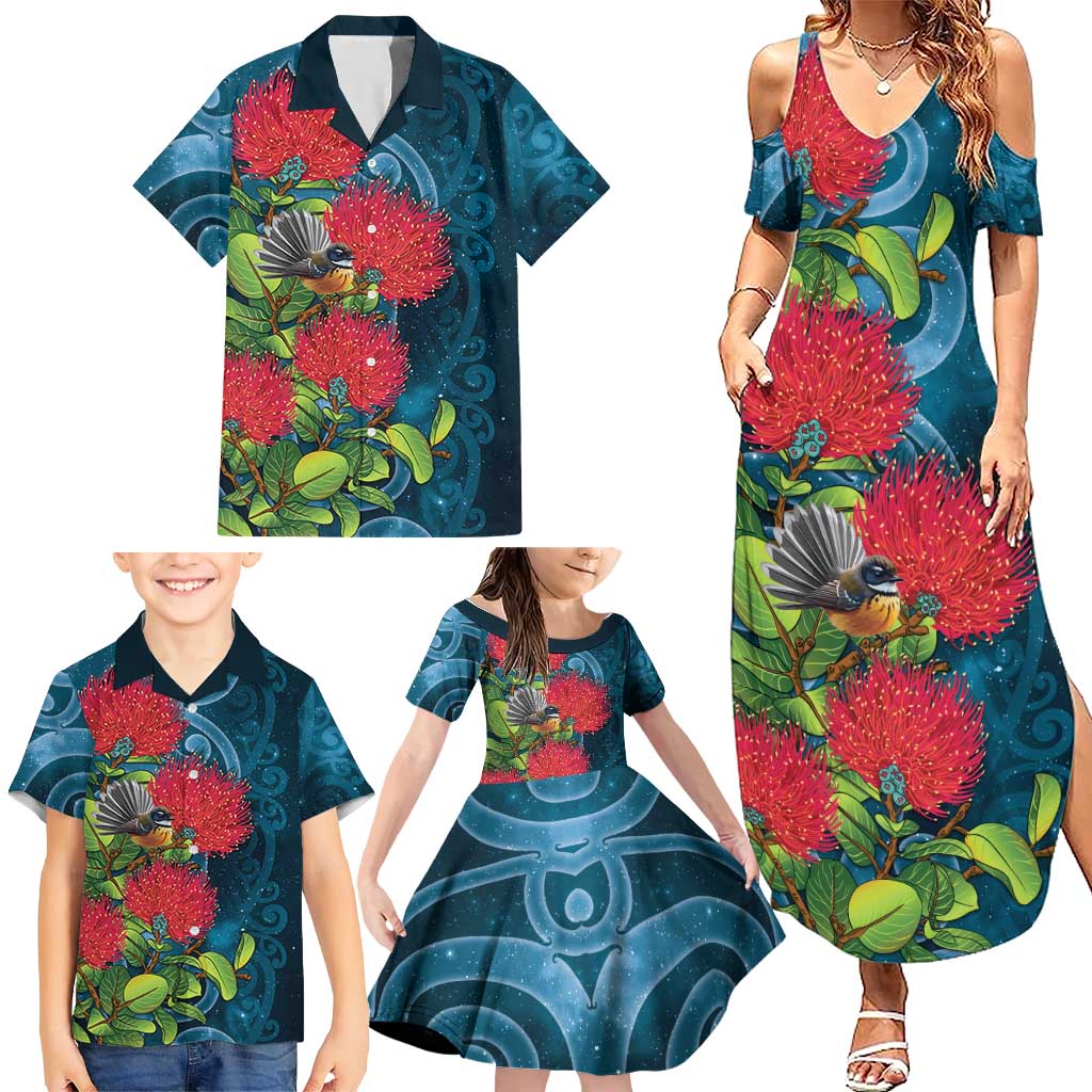 New Zealand Matariki Piwakawaka Family Matching Summer Maxi Dress and Hawaiian Shirt Maori Koru With Pohutukawa Flowers LT05 - Polynesian Pride