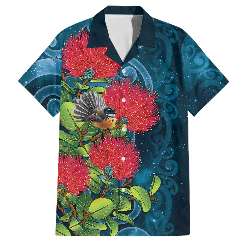 New Zealand Matariki Piwakawaka Family Matching Summer Maxi Dress and Hawaiian Shirt Maori Koru With Pohutukawa Flowers LT05 Dad's Shirt - Short Sleeve Dark Teal - Polynesian Pride