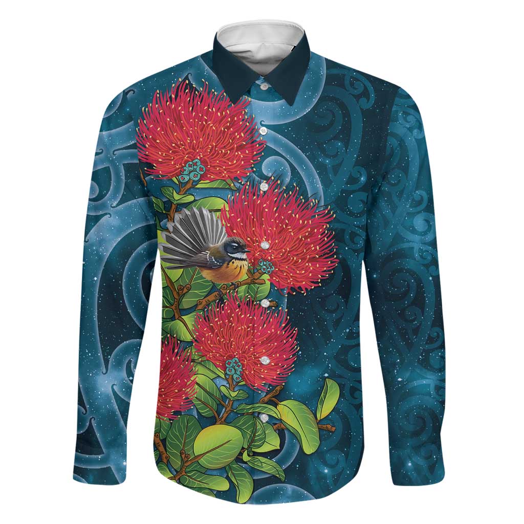 New Zealand Matariki Piwakawaka Family Matching Summer Maxi Dress and Hawaiian Shirt Maori Koru With Pohutukawa Flowers LT05 Dad's Shirt - Long Sleeve Dark Teal - Polynesian Pride