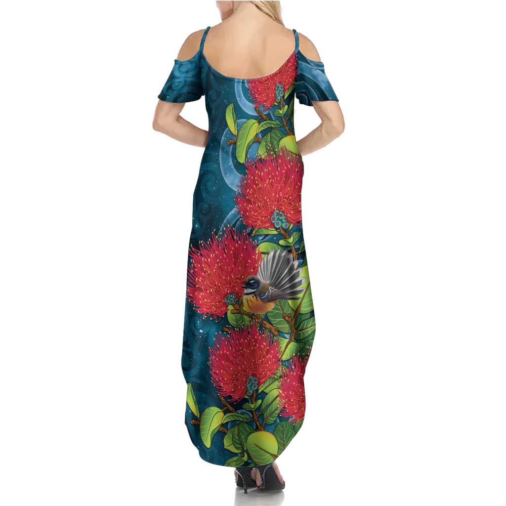 New Zealand Matariki Piwakawaka Family Matching Summer Maxi Dress and Hawaiian Shirt Maori Koru With Pohutukawa Flowers LT05 - Polynesian Pride