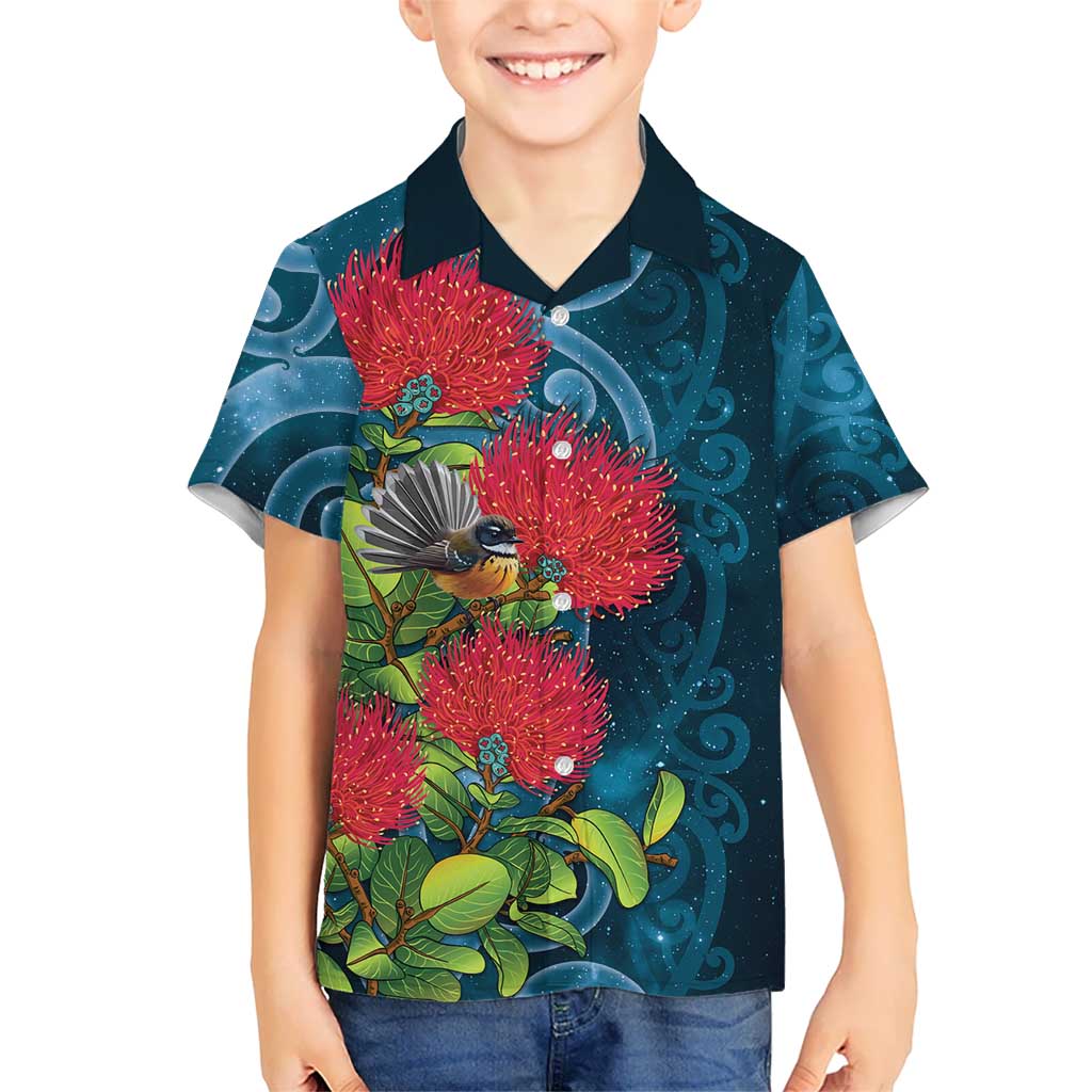 New Zealand Matariki Piwakawaka Family Matching Summer Maxi Dress and Hawaiian Shirt Maori Koru With Pohutukawa Flowers LT05 Son's Shirt Dark Teal - Polynesian Pride