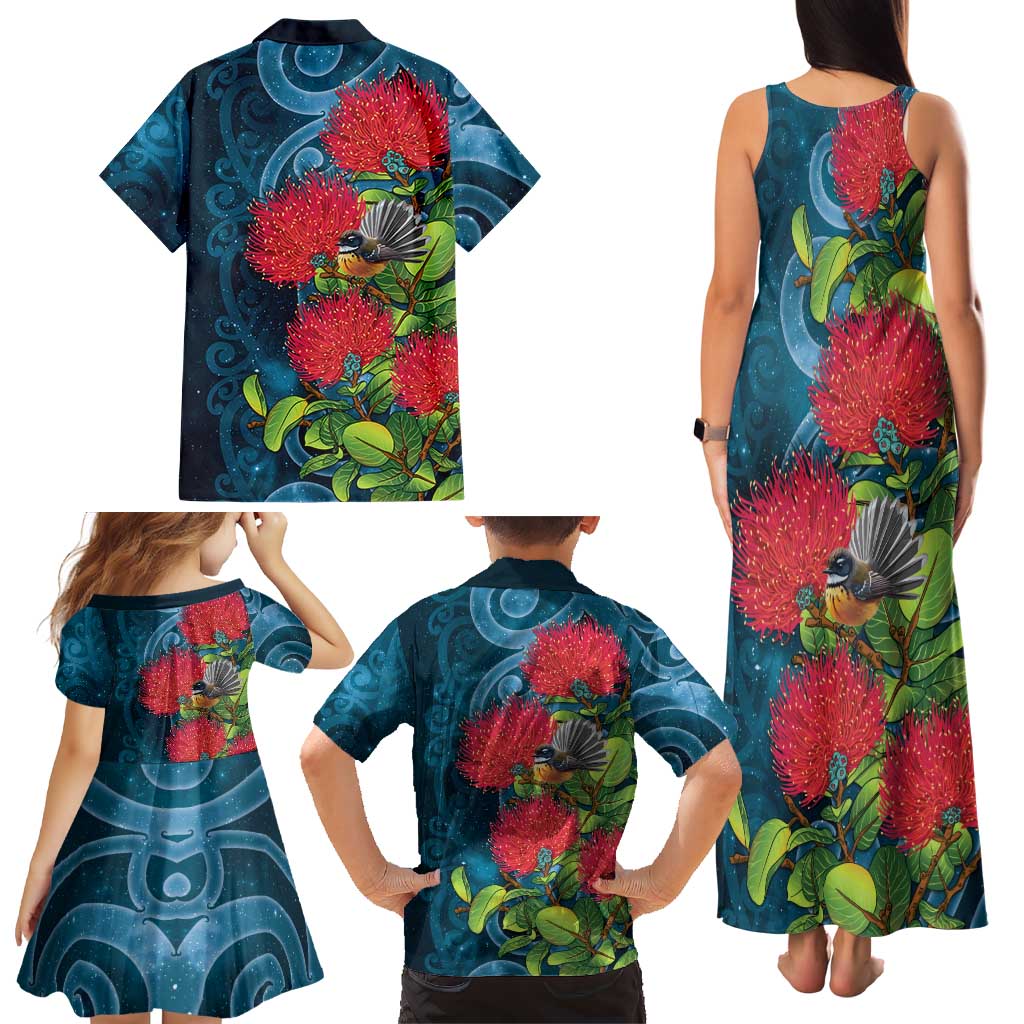 New Zealand Matariki Piwakawaka Family Matching Tank Maxi Dress and Hawaiian Shirt Maori Koru With Pohutukawa Flowers LT05 - Polynesian Pride