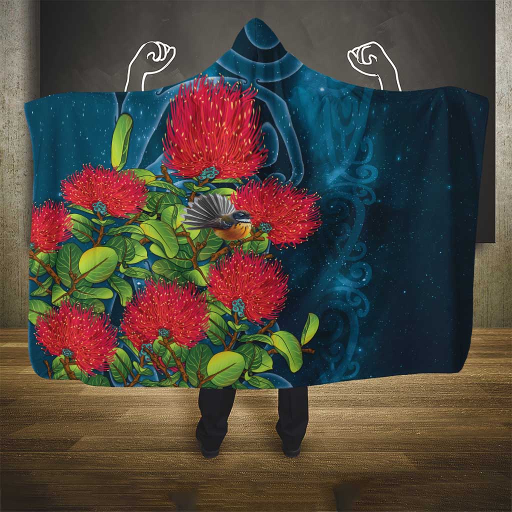 New Zealand Matariki Piwakawaka Hooded Blanket Maori Koru With Pohutukawa Flowers LT05 - Polynesian Pride