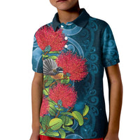 New Zealand Matariki Piwakawaka Kid Polo Shirt Maori Koru With Pohutukawa Flowers LT05 Kid Dark Teal - Polynesian Pride
