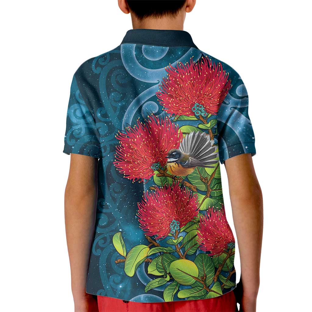 New Zealand Matariki Piwakawaka Kid Polo Shirt Maori Koru With Pohutukawa Flowers LT05 - Polynesian Pride