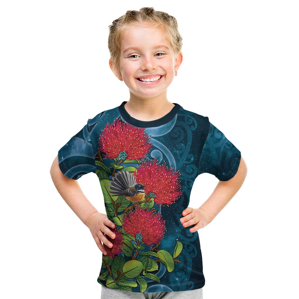 New Zealand Matariki Piwakawaka Kid T Shirt Maori Koru With Pohutukawa Flowers