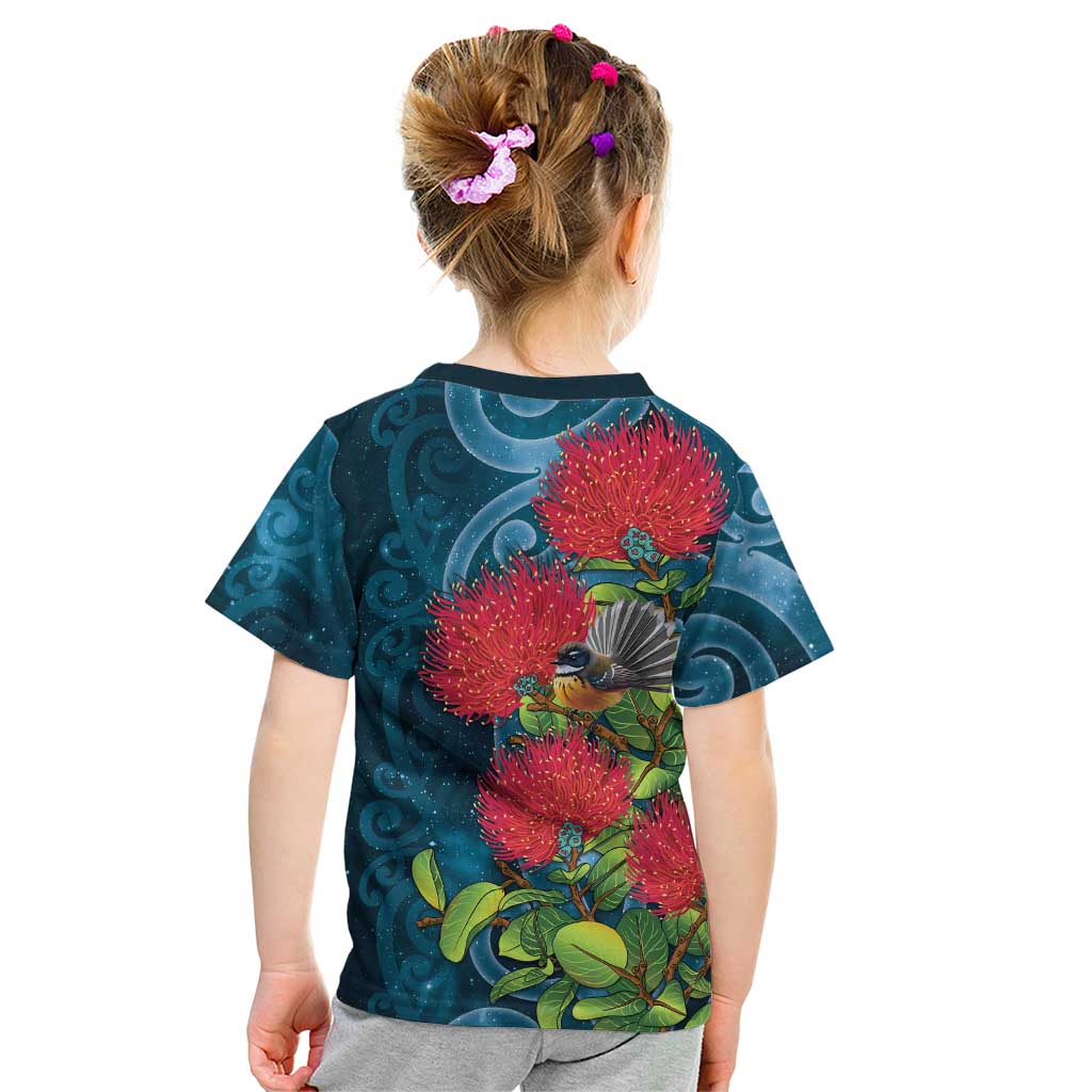 New Zealand Matariki Piwakawaka Kid T Shirt Maori Koru With Pohutukawa Flowers LT05 - Polynesian Pride
