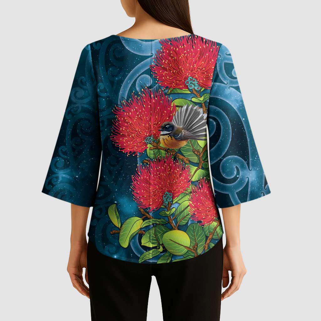 New Zealand Matariki Piwakawaka Kimono Sleeve Blouse Maori Koru With Pohutukawa Flowers LT05 - Polynesian Pride
