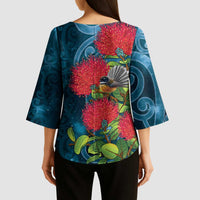 New Zealand Matariki Piwakawaka Kimono Sleeve Blouse Maori Koru With Pohutukawa Flowers LT05 - Polynesian Pride