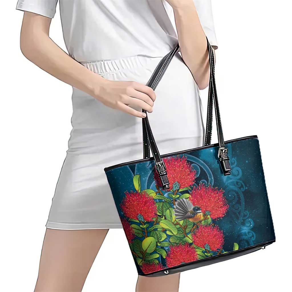 New Zealand Matariki Piwakawaka Leather Tote Bag Maori Koru With Pohutukawa Flowers LT05 - Polynesian Pride