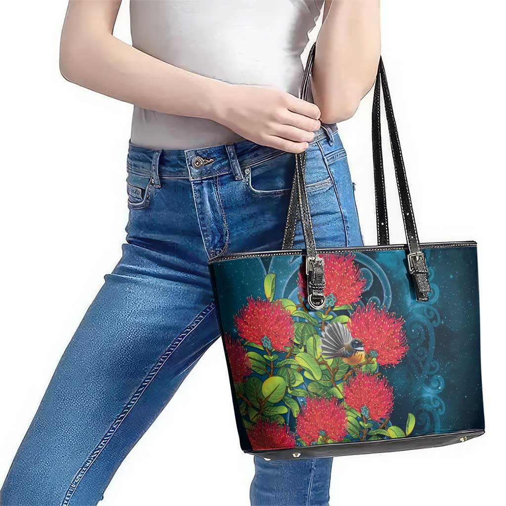 New Zealand Matariki Piwakawaka Leather Tote Bag Maori Koru With Pohutukawa Flowers LT05 - Polynesian Pride