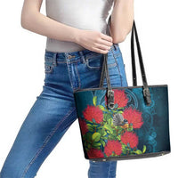 New Zealand Matariki Piwakawaka Leather Tote Bag Maori Koru With Pohutukawa Flowers LT05 - Polynesian Pride
