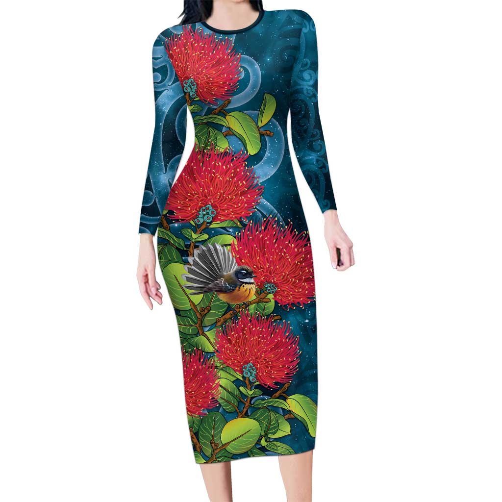 New Zealand Matariki Piwakawaka Long Sleeve Bodycon Dress Maori Koru With Pohutukawa Flowers LT05 Long Dress Dark Teal - Polynesian Pride
