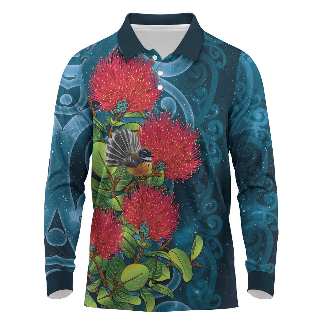 New Zealand Matariki Piwakawaka Long Sleeve Polo Shirt Maori Koru With Pohutukawa Flowers LT05 Dark Teal - Polynesian Pride
