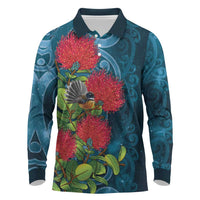 New Zealand Matariki Piwakawaka Long Sleeve Polo Shirt Maori Koru With Pohutukawa Flowers LT05 Dark Teal - Polynesian Pride