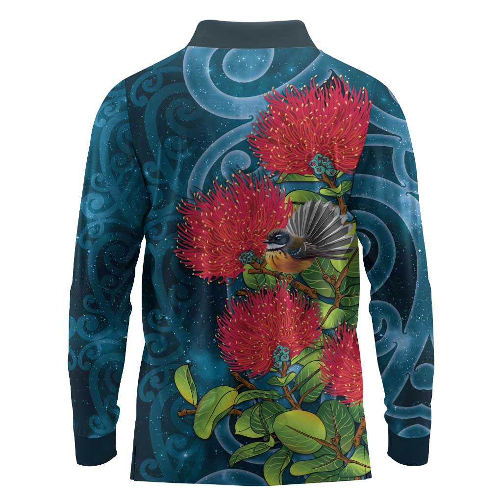New Zealand Matariki Piwakawaka Long Sleeve Polo Shirt Maori Koru With Pohutukawa Flowers LT05 - Polynesian Pride