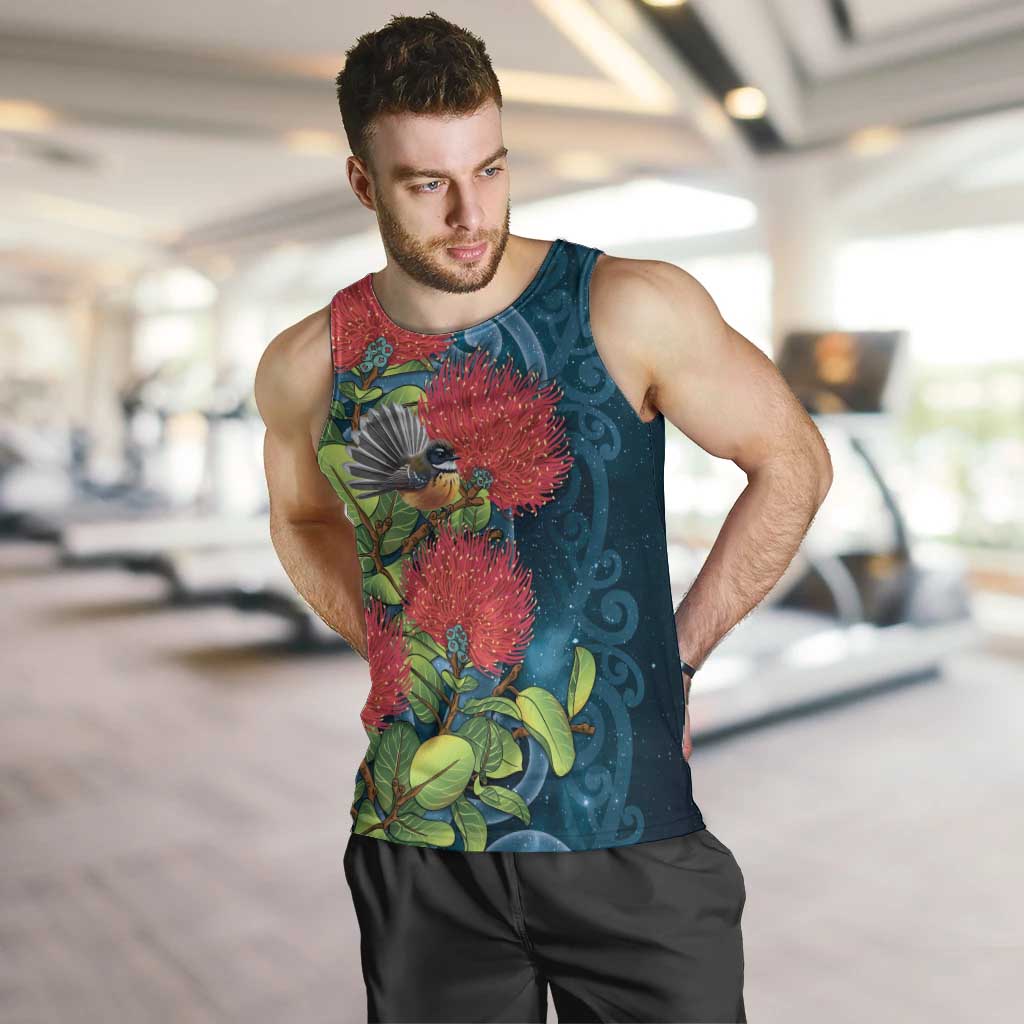 New Zealand Matariki Piwakawaka Men Tank Top Maori Koru With Pohutukawa Flowers LT05 Dark Teal - Polynesian Pride