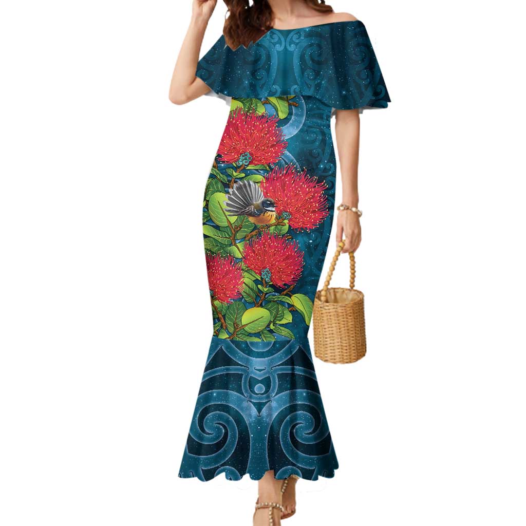 New Zealand Matariki Piwakawaka Mermaid Dress Maori Koru With Pohutukawa Flowers